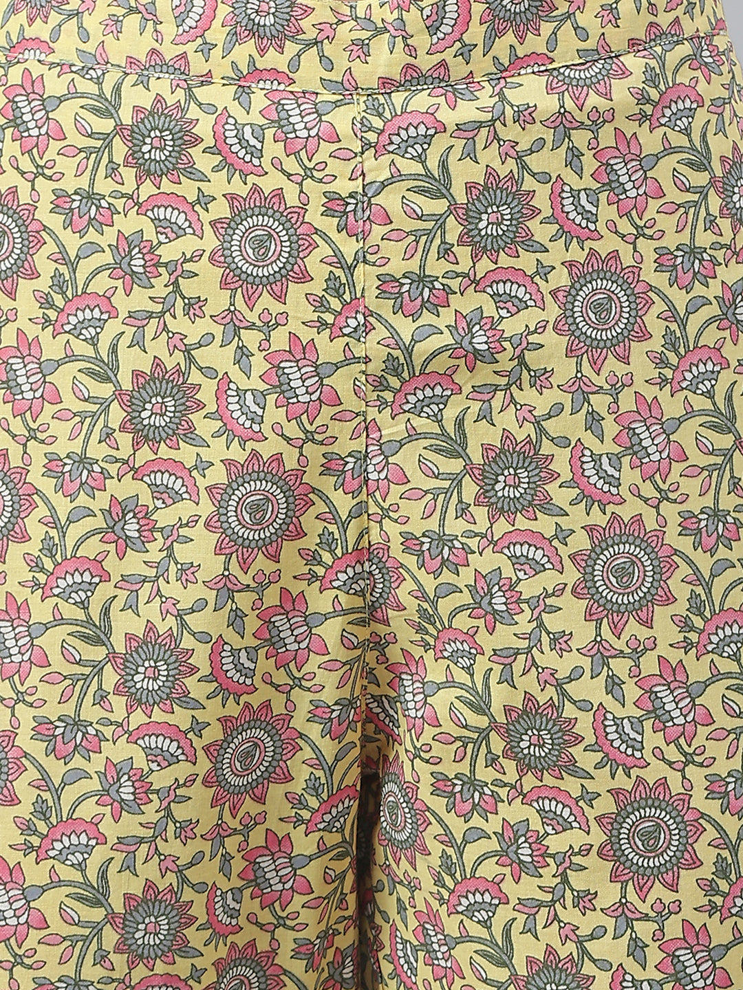 Janasya Women's Yellow Cotton Floral Print Kurta With Pant And Dupatta
