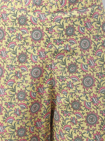 Janasya Women's Yellow Cotton Floral Print Kurta With Pant And Dupatta