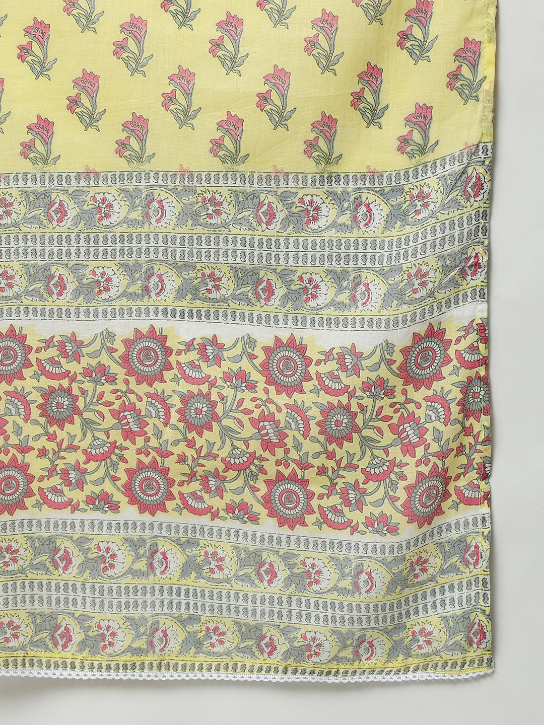 Janasya Women's Yellow Cotton Floral Print Kurta With Pant And Dupatta