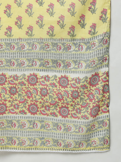 Janasya Women's Yellow Cotton Floral Print Kurta With Pant And Dupatta