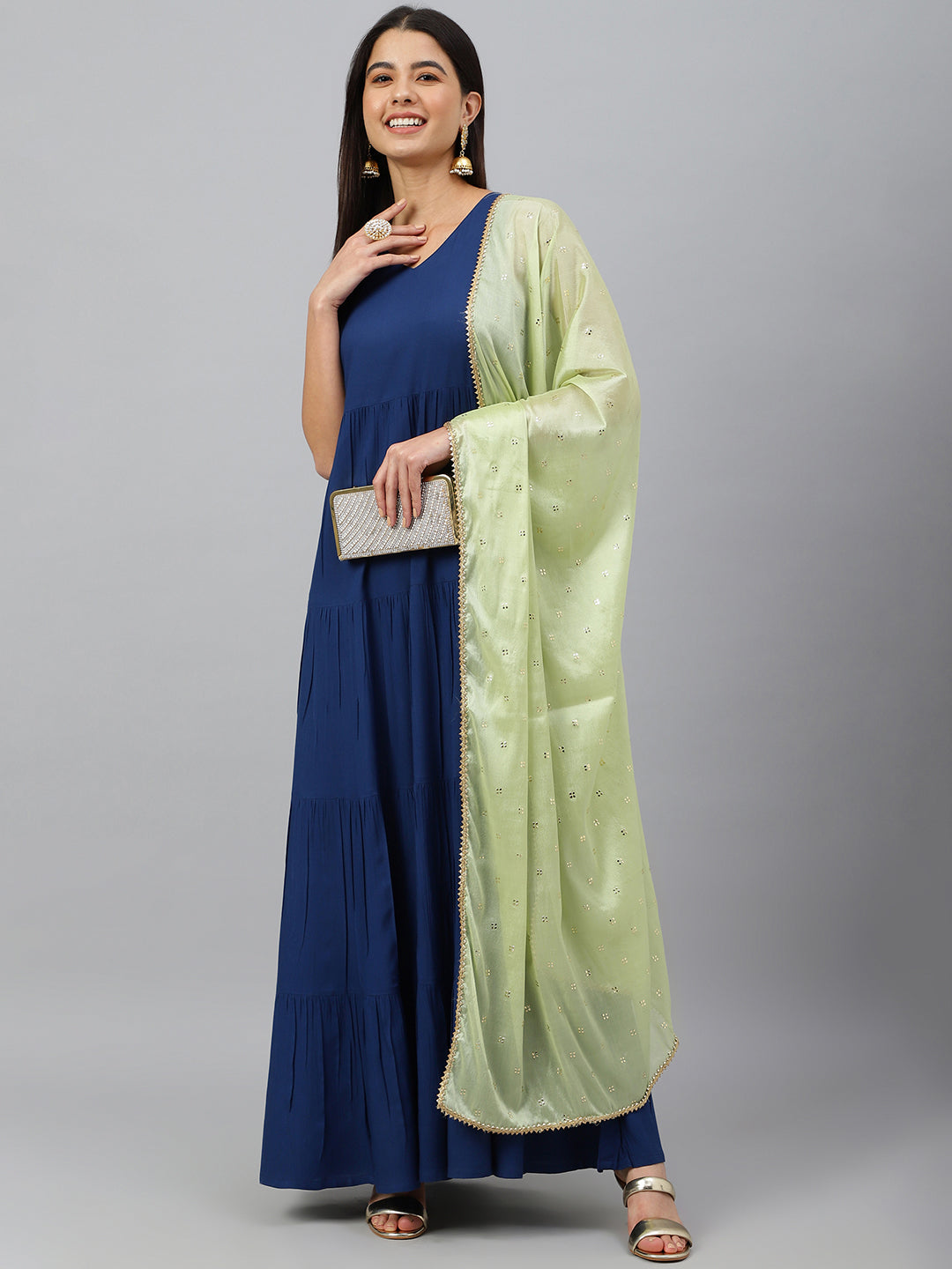Janasya Women's Dark Blue Rayon Solid Kurta With Dupatta
