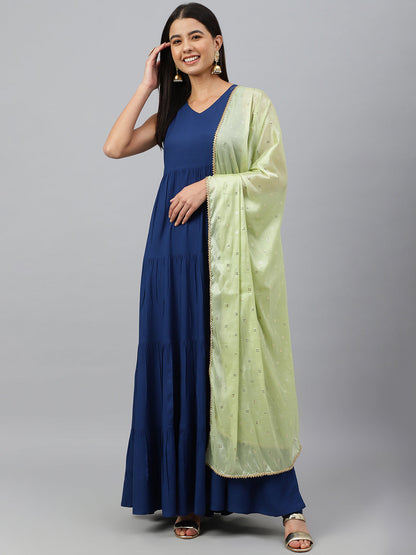 Janasya Women's Dark Blue Rayon Solid Kurta With Dupatta