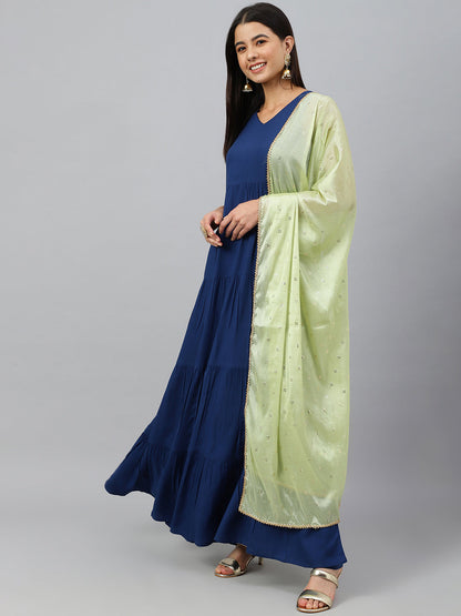 Janasya Women's Dark Blue Rayon Solid Kurta With Dupatta