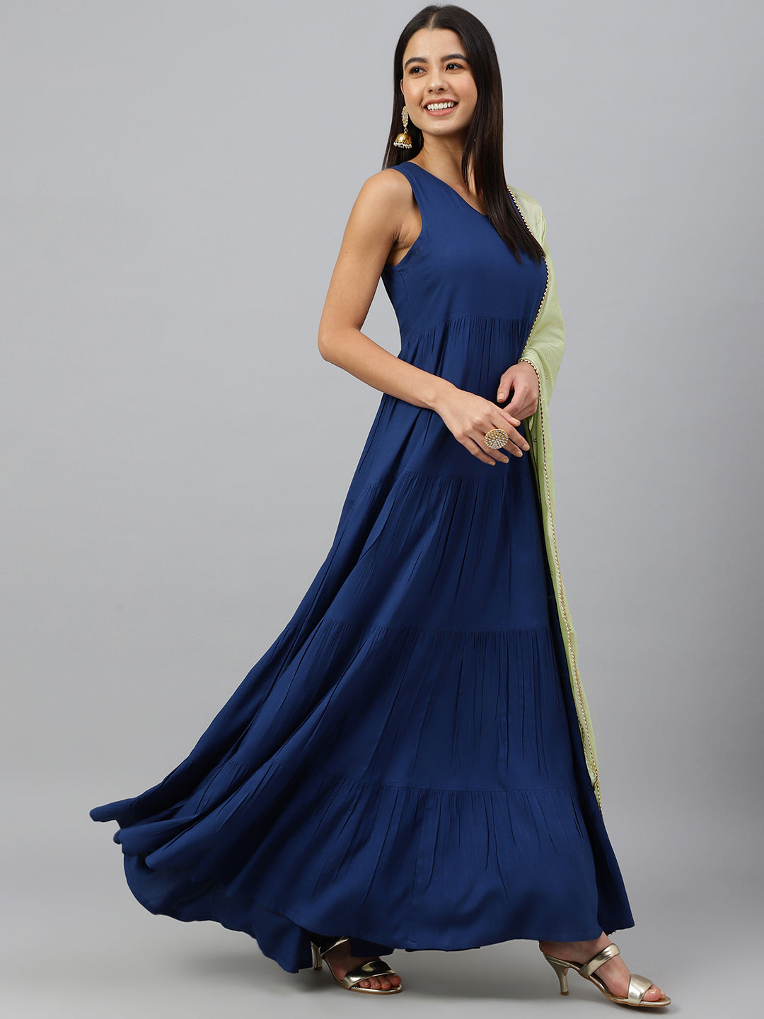 Janasya Women's Dark Blue Rayon Solid Kurta With Dupatta