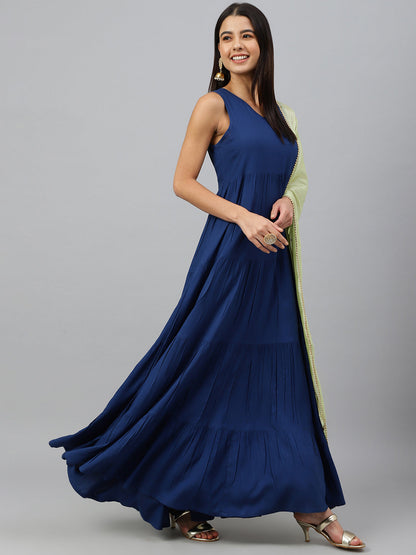 Janasya Women's Dark Blue Rayon Solid Kurta With Dupatta