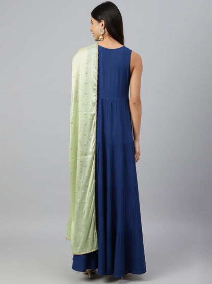 Janasya Women's Dark Blue Rayon Solid Kurta With Dupatta
