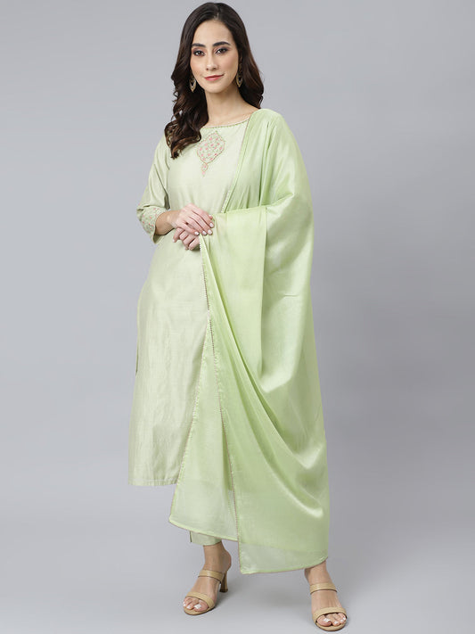 Janasya Women's Sea Green Poly Silk Solid Kurta With Pant And Dupatta