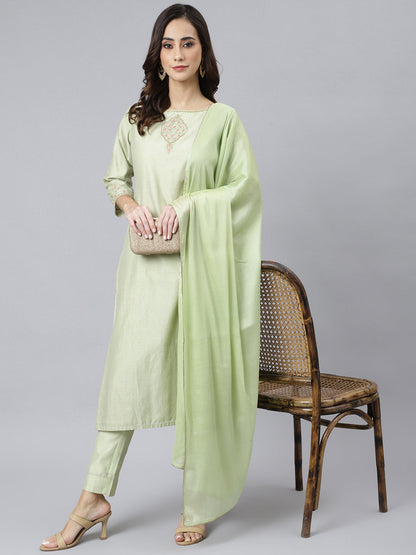 Janasya Women's Sea Green Poly Silk Solid Kurta With Pant And Dupatta