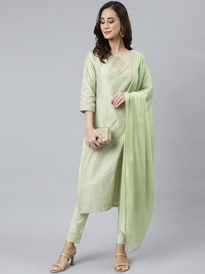 Janasya Women's Sea Green Poly Silk Solid Kurta With Pant And Dupatta