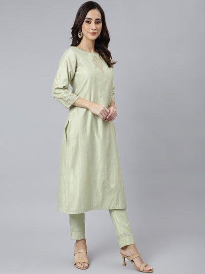 Janasya Women's Sea Green Poly Silk Solid Kurta With Pant And Dupatta