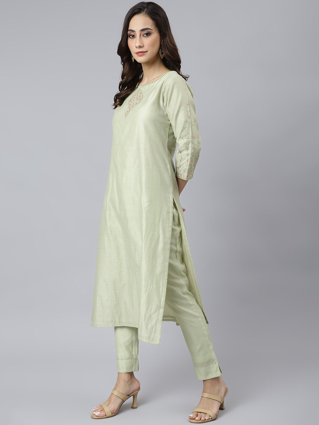 Janasya Women's Sea Green Poly Silk Solid Kurta With Pant And Dupatta
