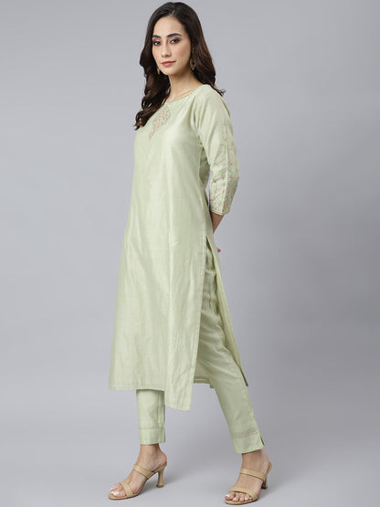Janasya Women's Sea Green Poly Silk Solid Kurta With Pant And Dupatta