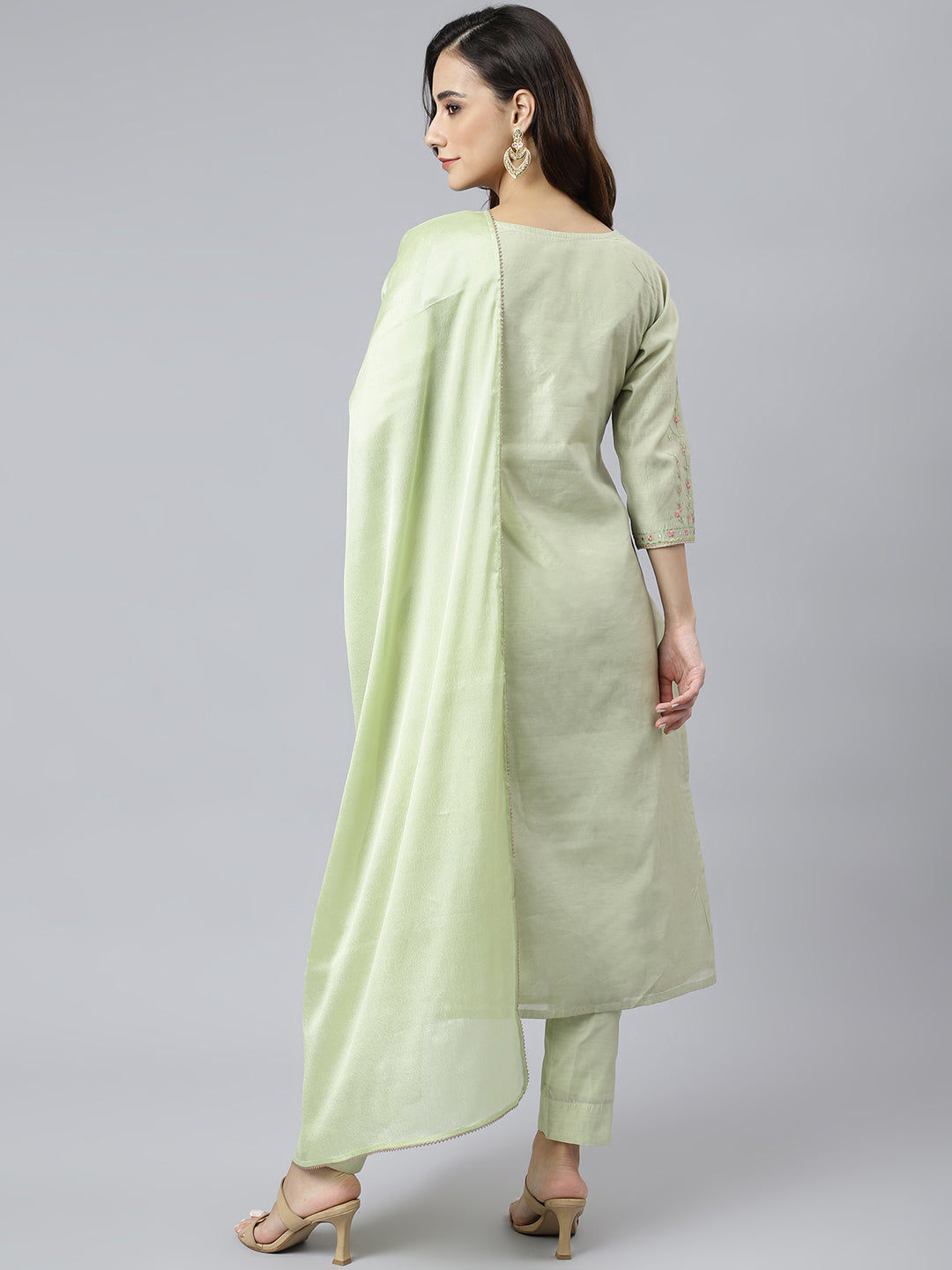 Janasya Women's Sea Green Poly Silk Solid Kurta With Pant And Dupatta