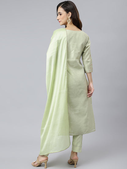 Janasya Women's Sea Green Poly Silk Solid Kurta With Pant And Dupatta