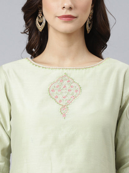 Janasya Women's Sea Green Poly Silk Solid Kurta With Pant And Dupatta