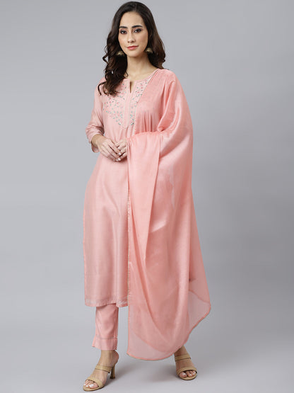 Janasya Women's Baby Pink Poly Silk Solid Kurta With Pant And Dupatta