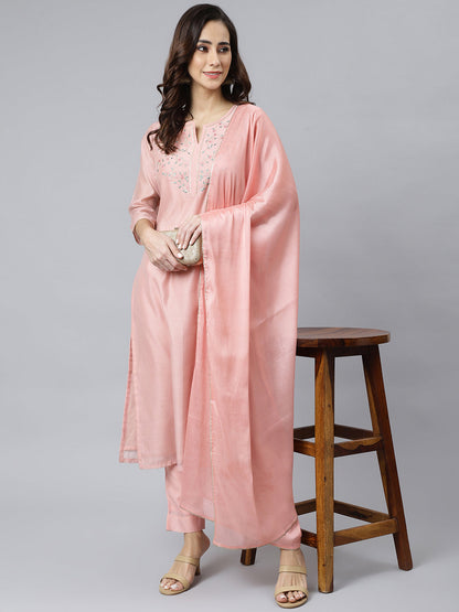 Janasya Women's Baby Pink Poly Silk Solid Kurta With Pant And Dupatta