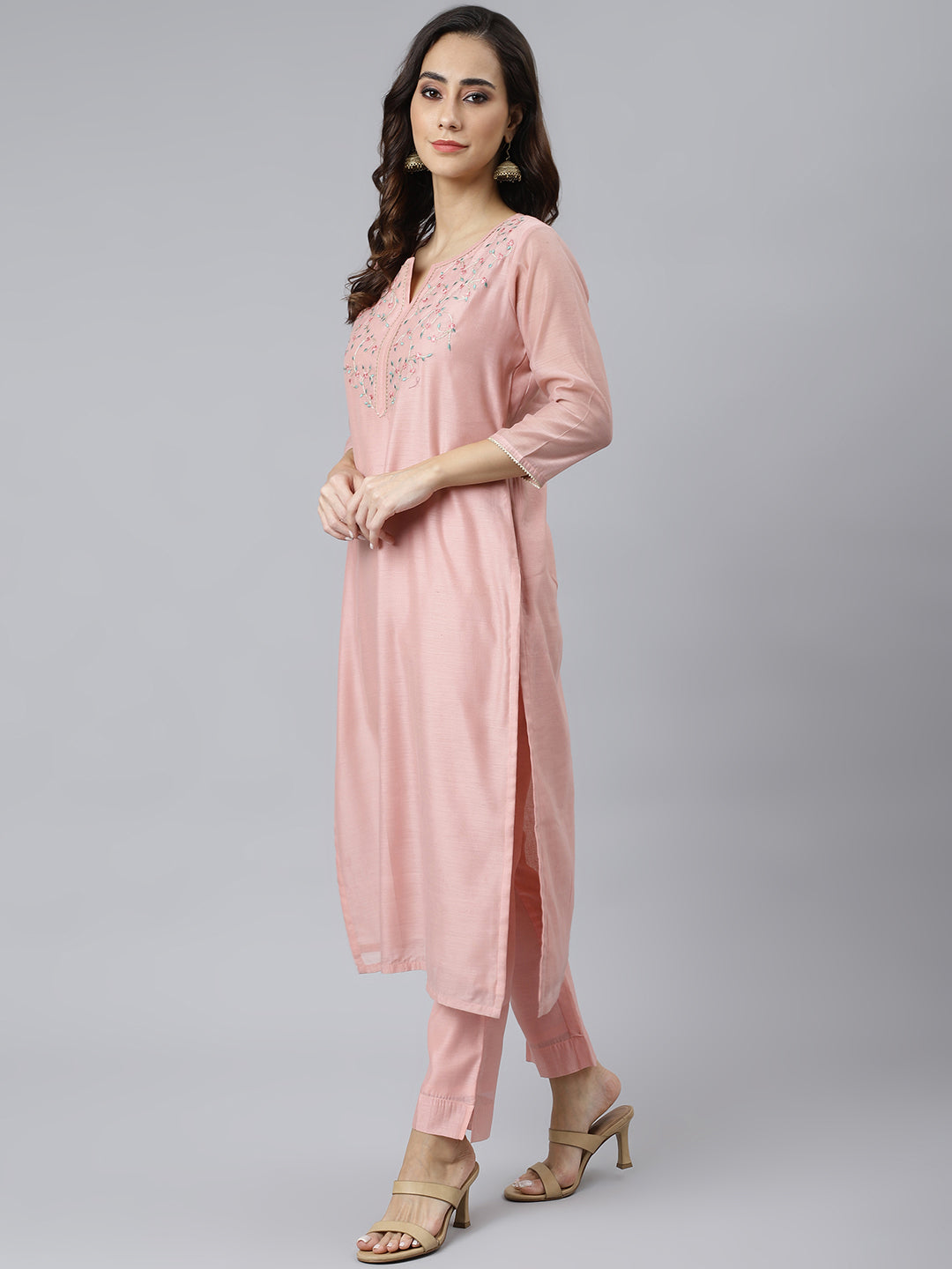 Janasya Women's Baby Pink Poly Silk Solid Kurta With Pant And Dupatta