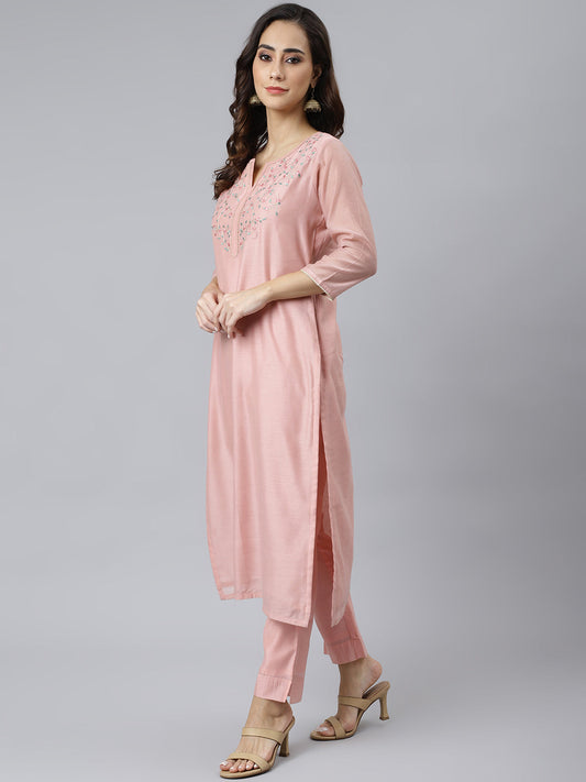 Janasya Women's Baby Pink Poly Silk Solid Kurta With Pant And Dupatta