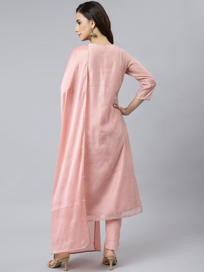 Janasya Women's Baby Pink Poly Silk Solid Kurta With Pant And Dupatta