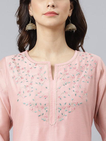 Janasya Women's Baby Pink Poly Silk Solid Kurta With Pant And Dupatta