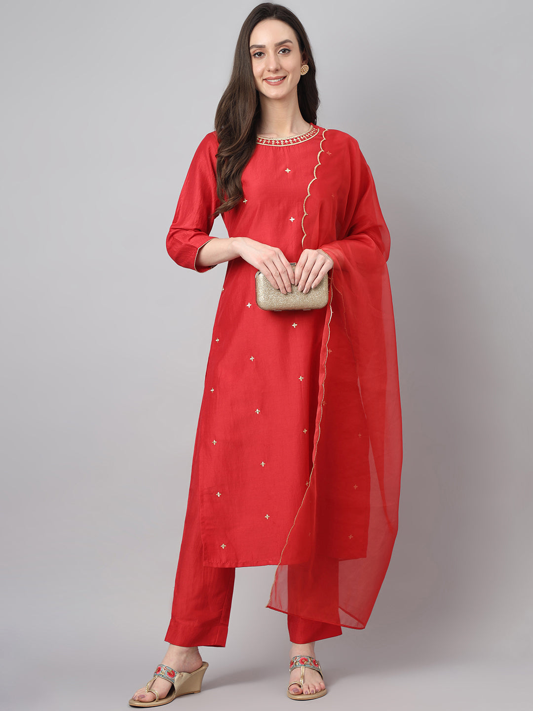 Janasya Women's Red Chinon Solid Straight Festive Kurta Set