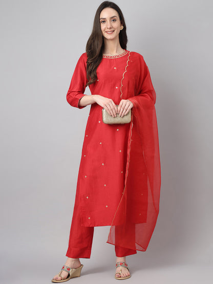 Janasya Women's Red Chinon Solid Straight Festive Kurta Set