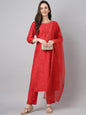 Janasya Women's Red Chinon Solid Straight Festive Kurta Set