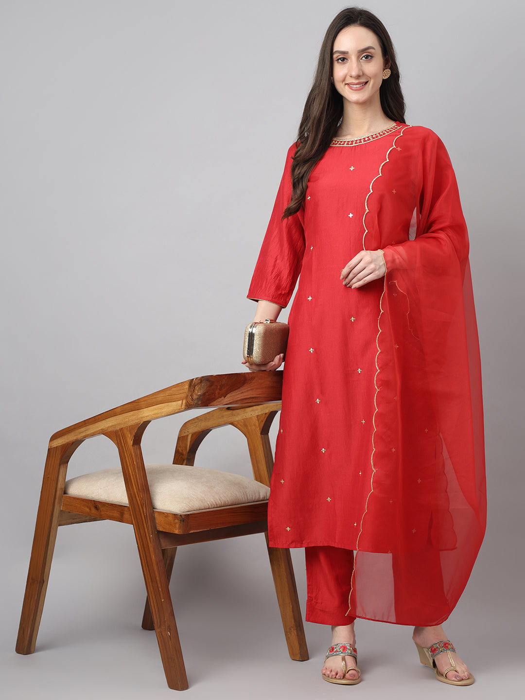 Janasya Women's Red Chinon Solid Straight Festive Kurta Set