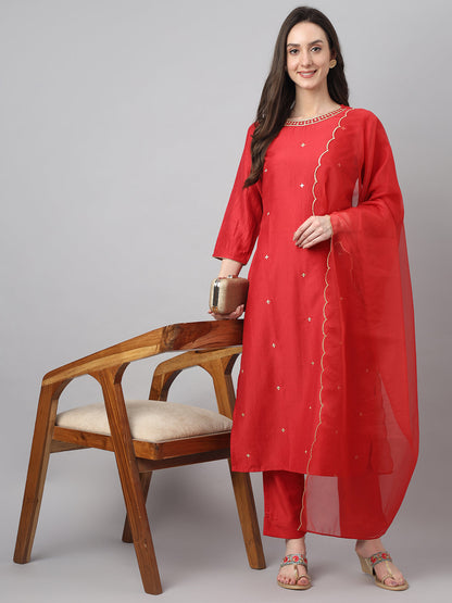 Janasya Women's Red Chinon Solid Straight Festive Kurta Set