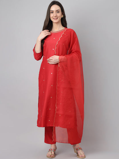 Janasya Women's Red Chinon Solid Straight Festive Kurta Set
