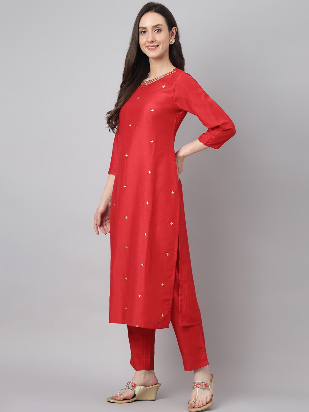 Janasya Women's Red Chinon Solid Straight Festive Kurta Set