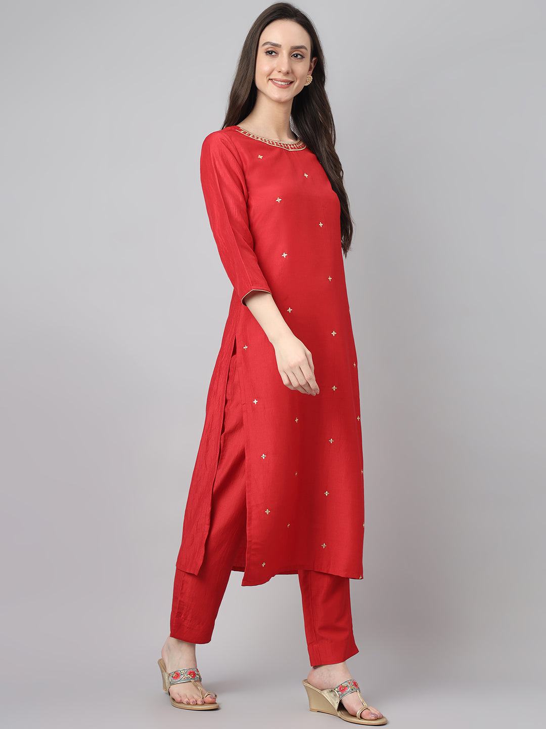 Janasya Women's Red Chinon Solid Straight Festive Kurta Set