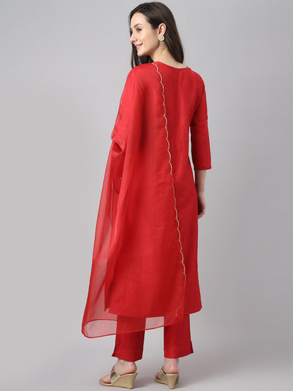 Janasya Women's Red Chinon Solid Straight Festive Kurta Set