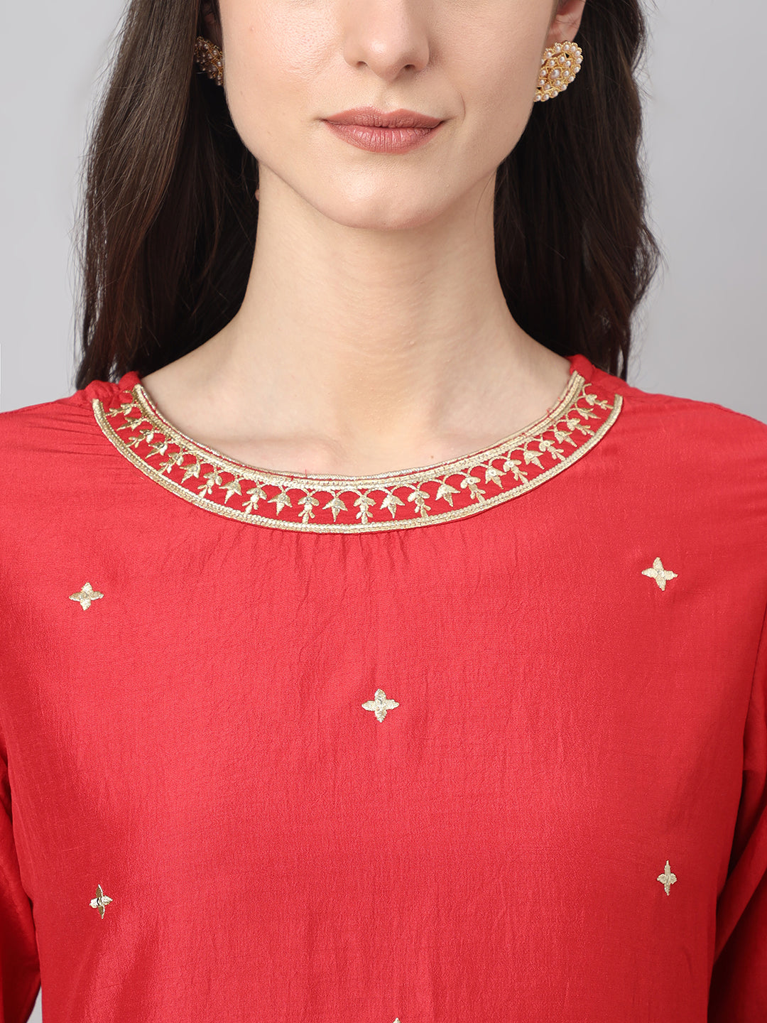 Janasya Women's Red Chinon Solid Straight Festive Kurta Set
