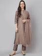 Janasya Women's Brown Chinon Solid Straight Festive Kurta Set