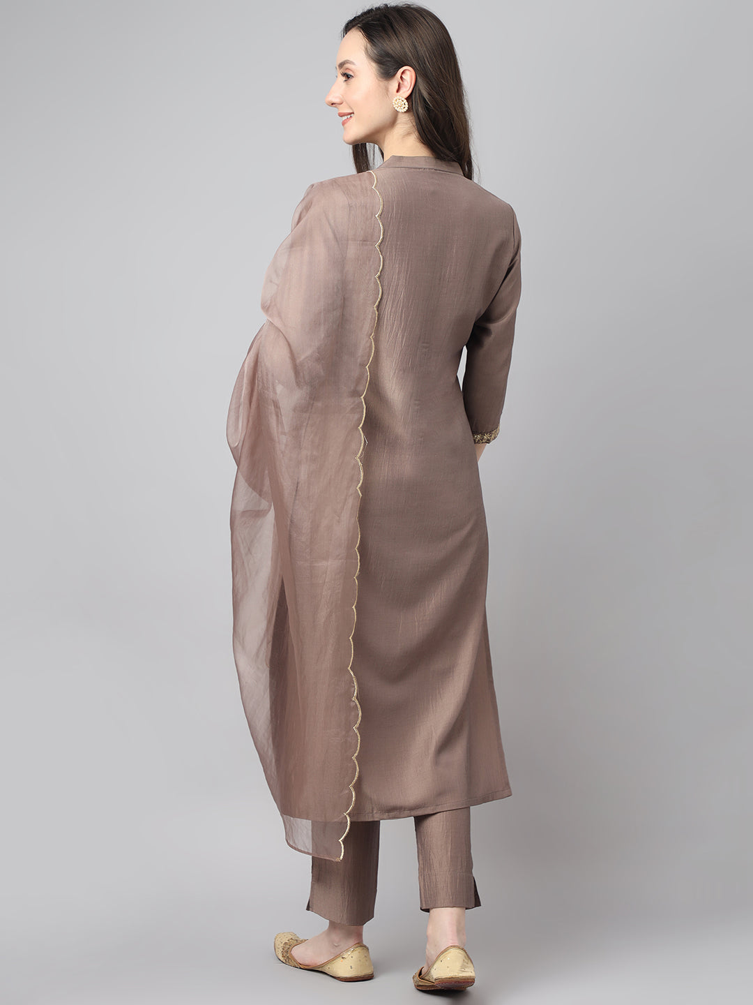 Janasya Women's Brown Chinon Solid Straight Festive Kurta Set