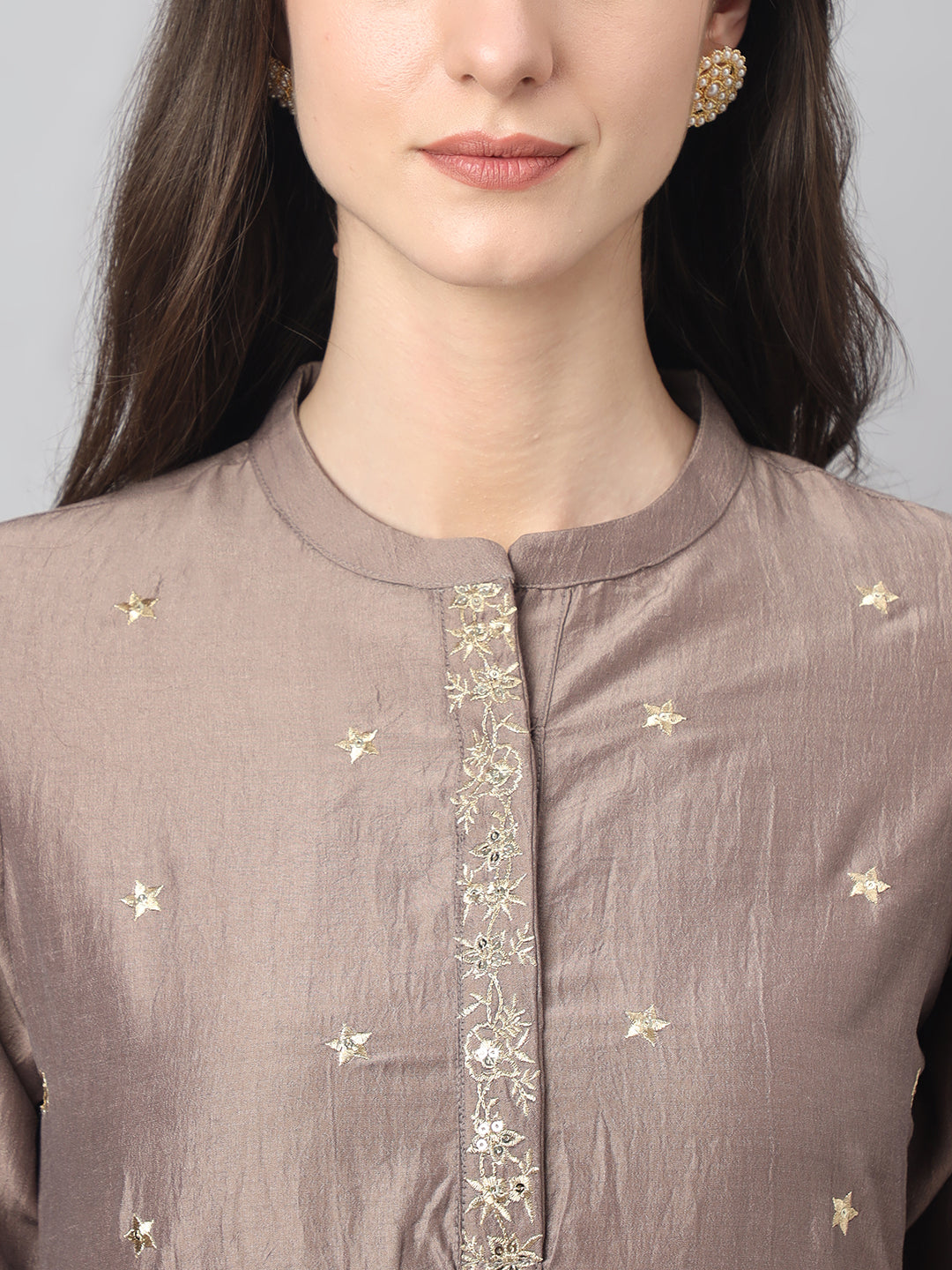 Janasya Women's Brown Chinon Solid Straight Festive Kurta Set