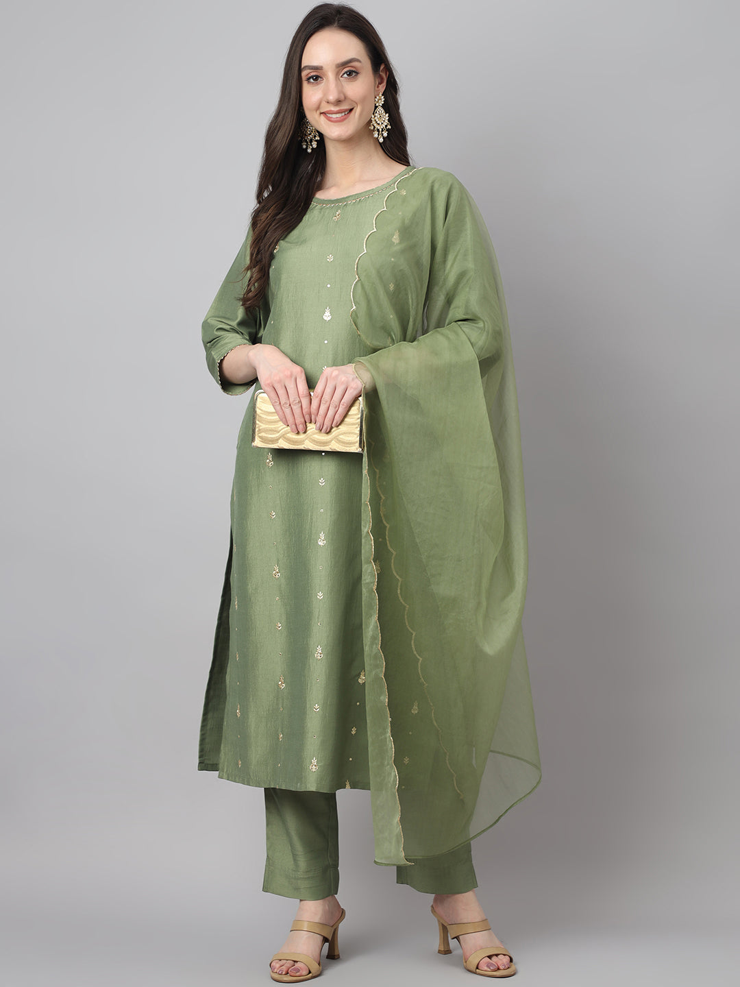 Janasya Women's Green Chinon Solid Straight Festive Kurta Set