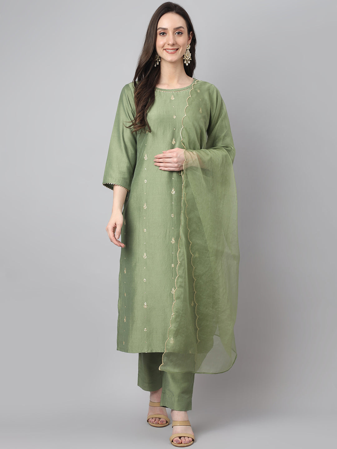 Janasya Women's Green Chinon Solid Straight Festive Kurta Set