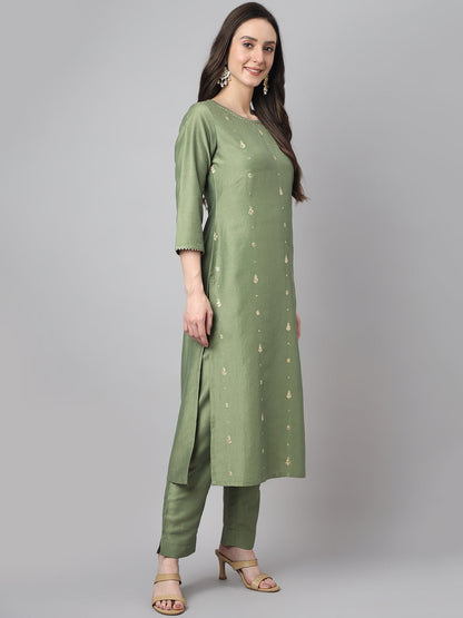 Janasya Women's Green Chinon Solid Straight Festive Kurta Set
