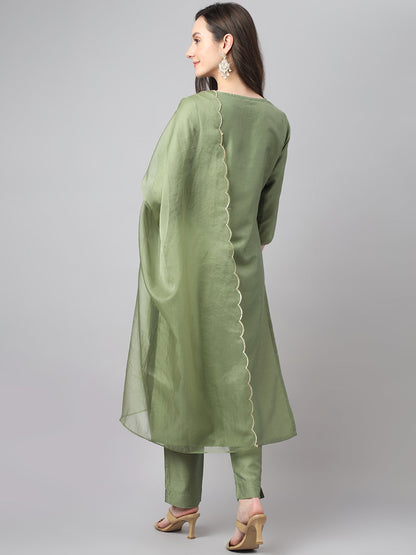 Janasya Women's Green Chinon Solid Straight Festive Kurta Set