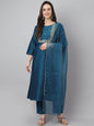 Janasya Women's Teal Chinon Solid Straight Festive Kurta Set
