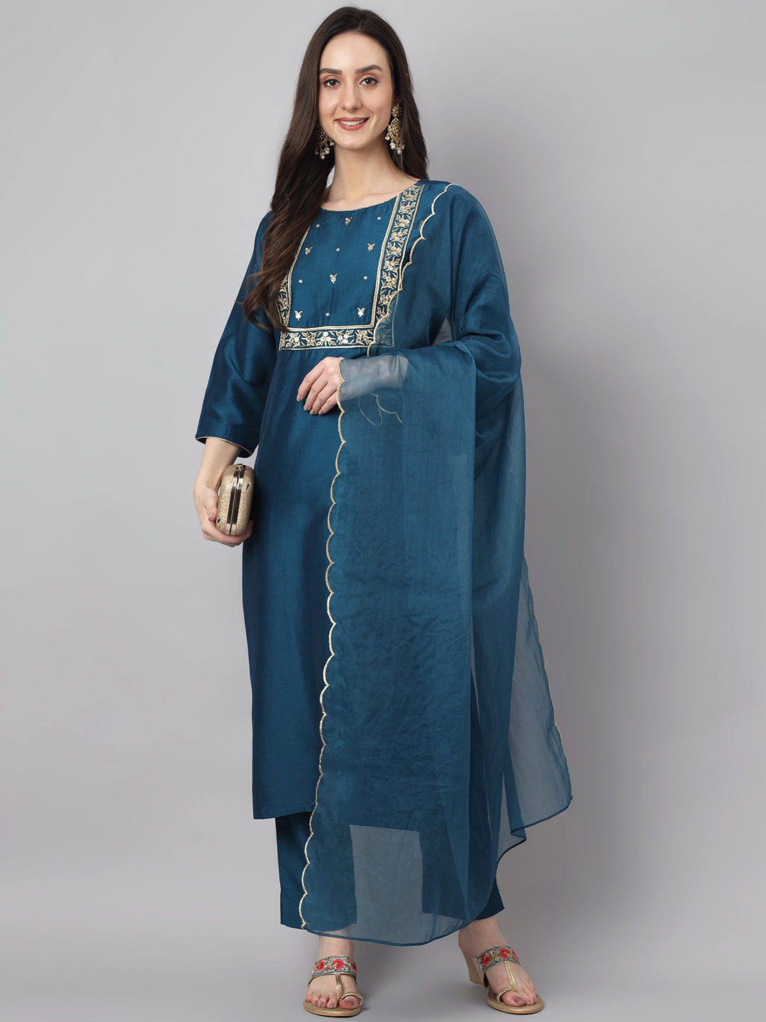 Janasya Women's Teal Chinon Solid Straight Festive Kurta Set