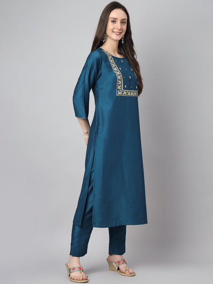 Janasya Women's Teal Chinon Solid Straight Festive Kurta Set
