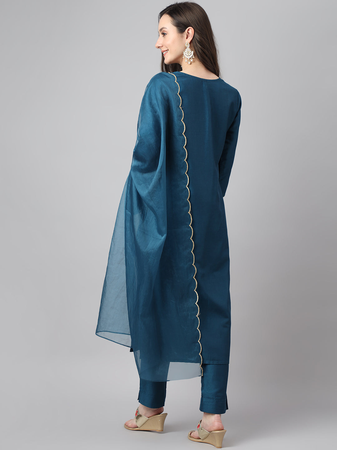 Janasya Women's Teal Chinon Solid Straight Festive Kurta Set