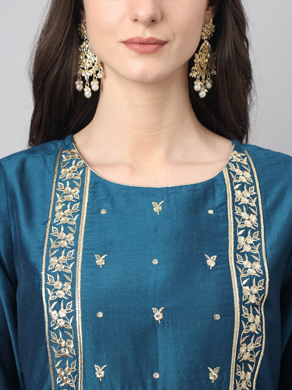 Janasya Women's Teal Chinon Solid Straight Festive Kurta Set
