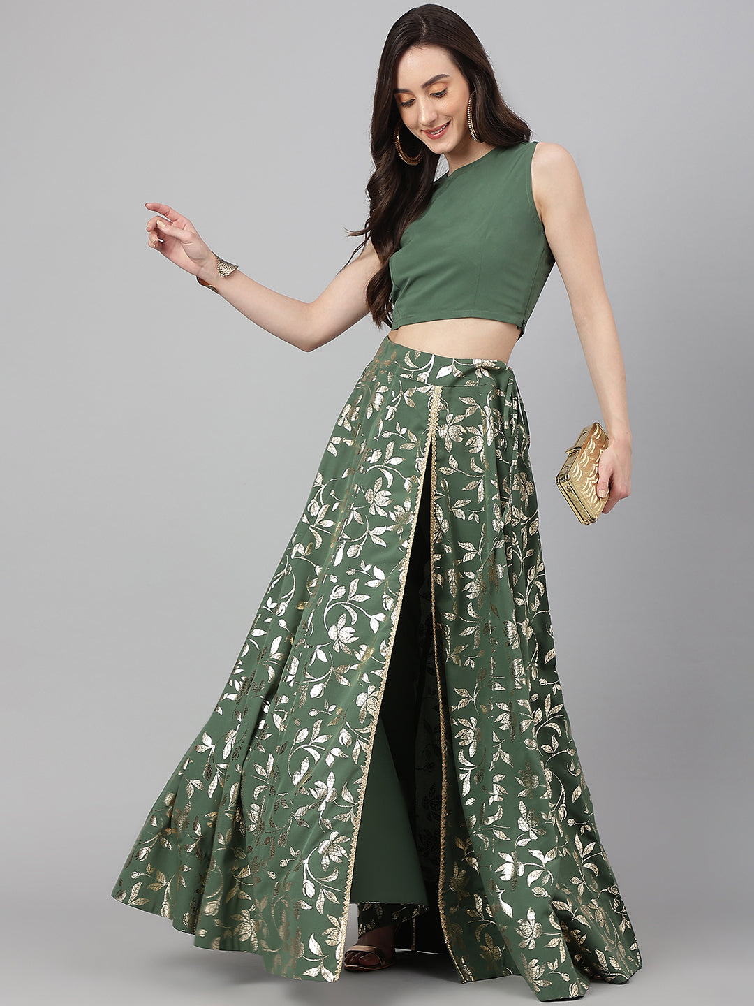Janasya Women's Olive Green Crepe Solid Lehenga Choli With Pant