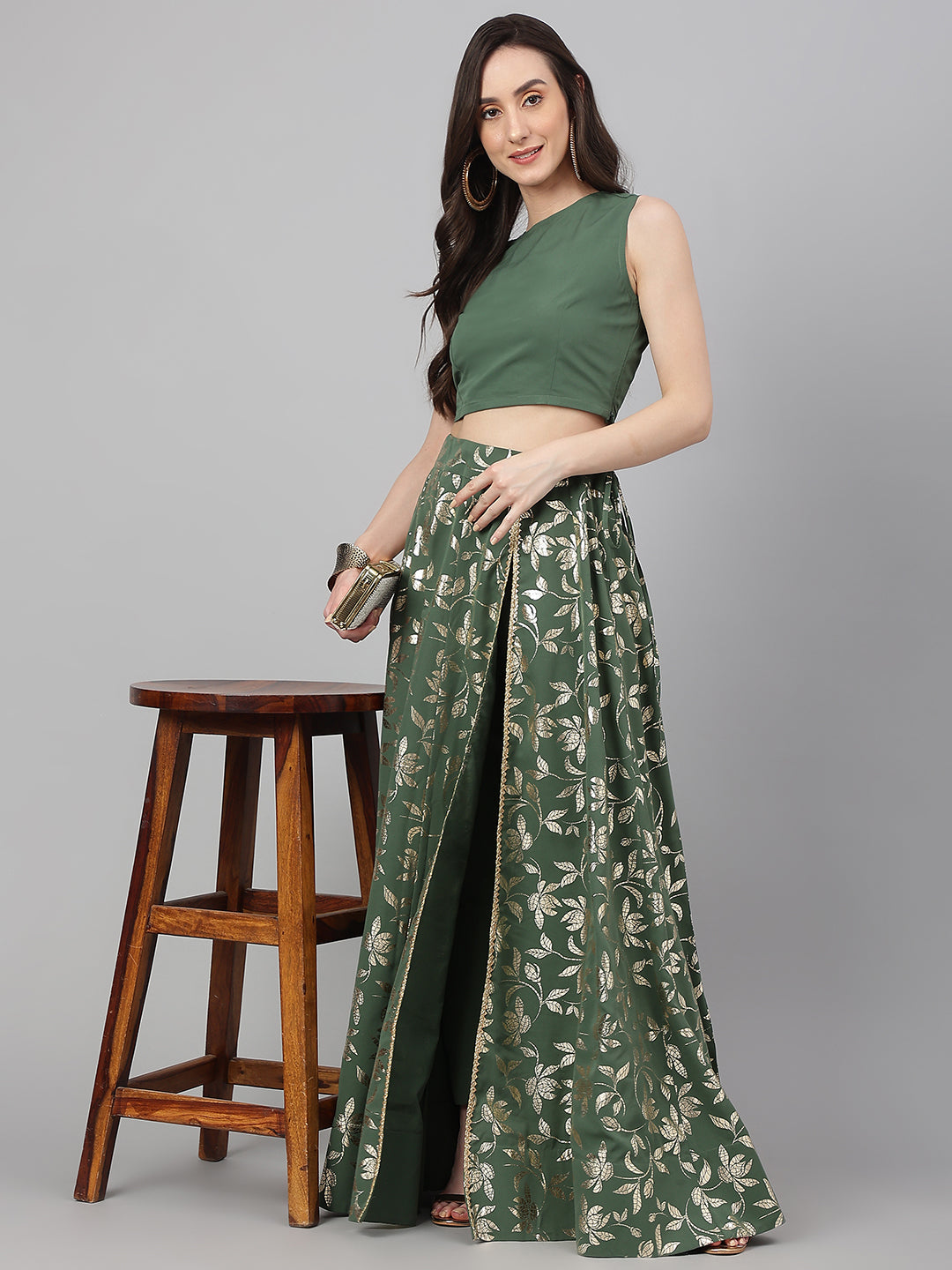 Janasya Women's Olive Green Crepe Solid Lehenga Choli With Pant
