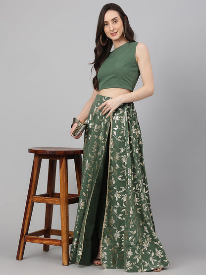 Janasya Women's Olive Green Crepe Solid Lehenga Choli With Pant